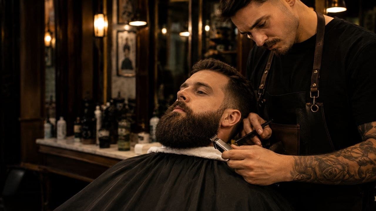 A barber lining up a beard at Riverside Barbers